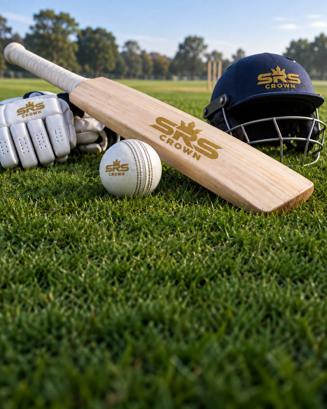 Illustration of a cricket helmet, bat, white ball and gloves with gold SRS CROWN logos on grass; not sale inventory