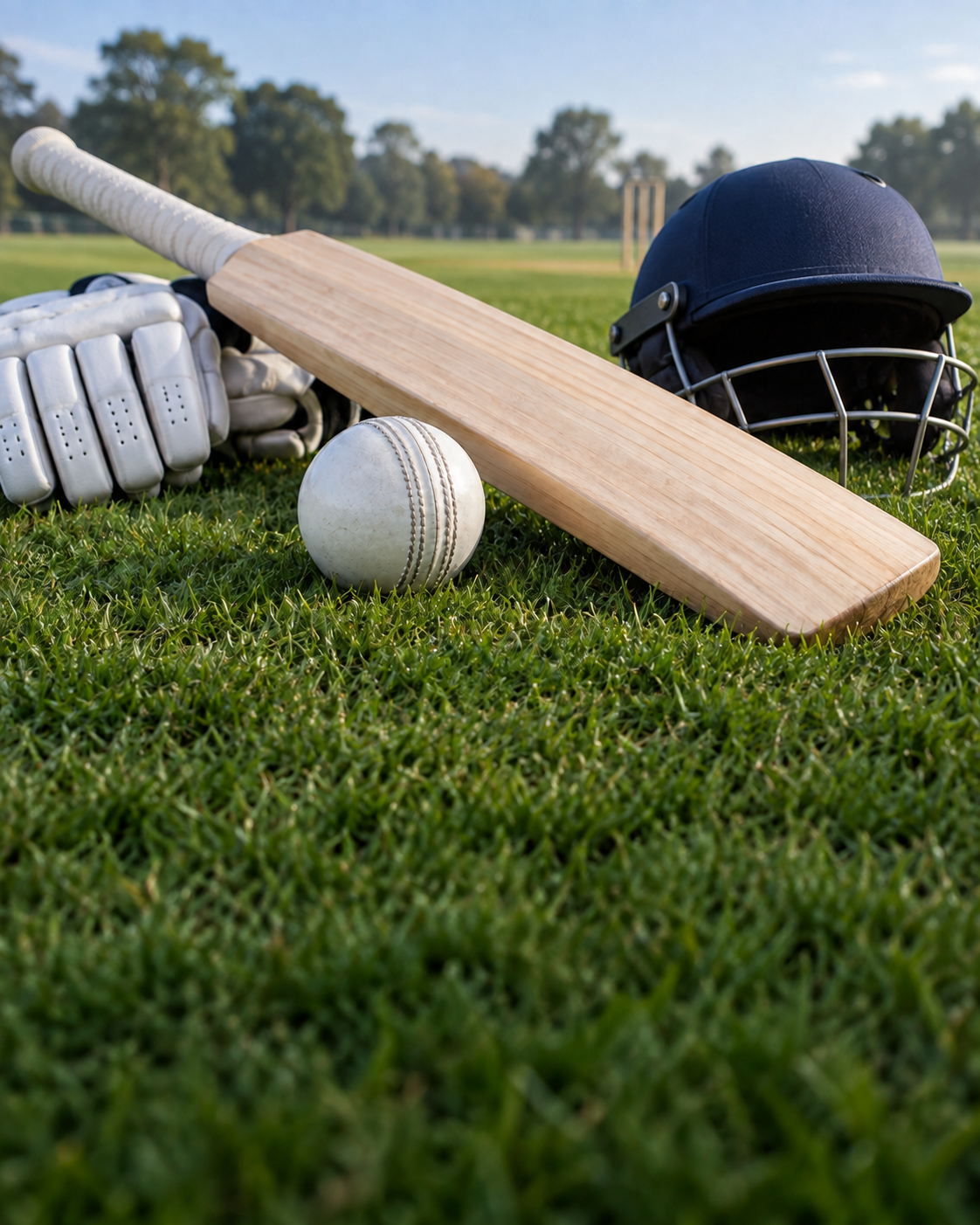 Illustrative cricket kit with a helmet, willow bat, white leather ball and batting gloves on the grass