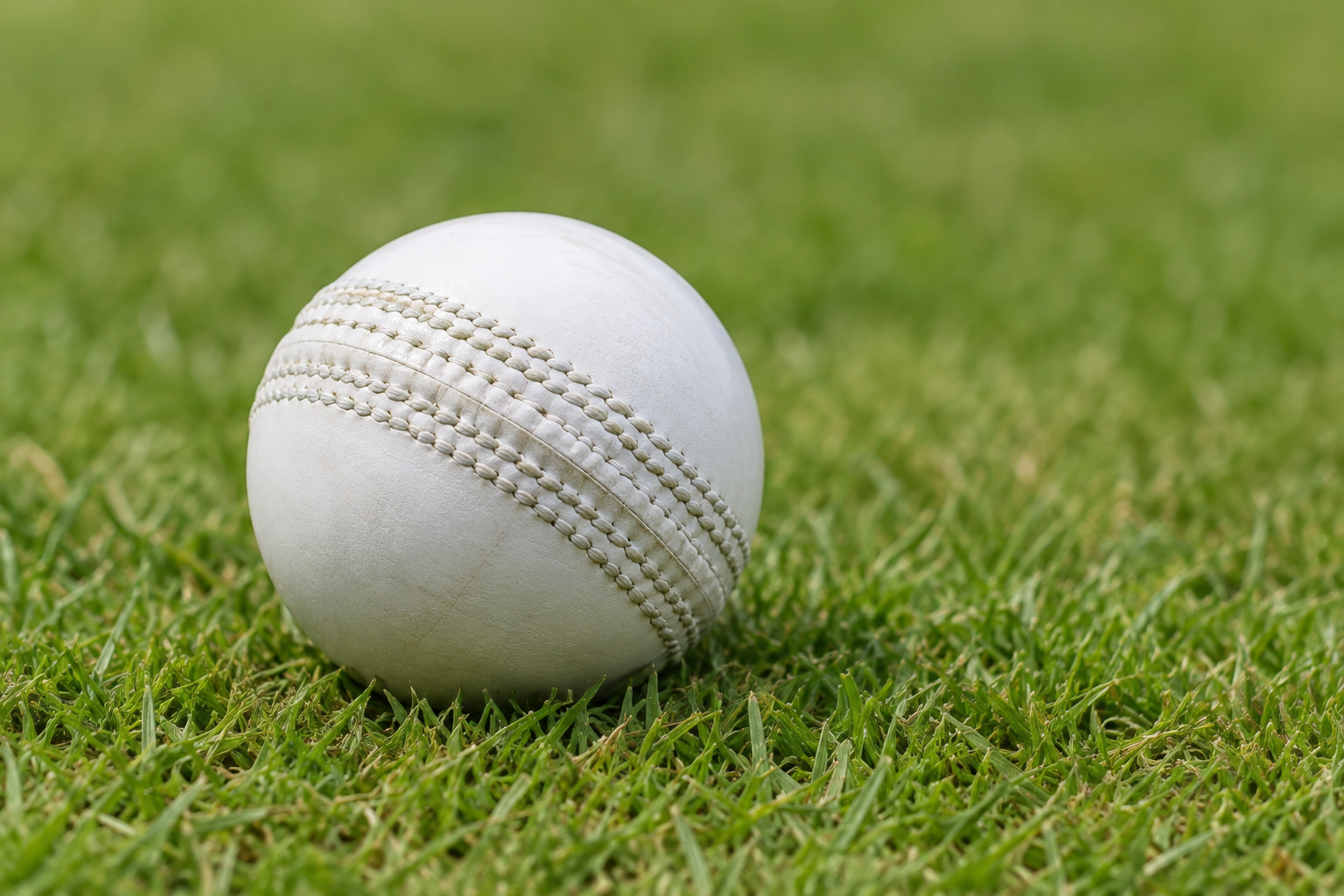 Illustrative close-up of a white leather cricket ball with a raised stitched seam on grass